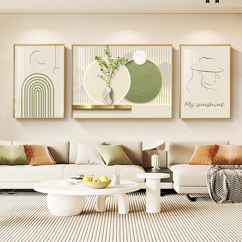 奶油风客厅装饰画小清新沙发背景墙挂画绿植现代简约大气三联画