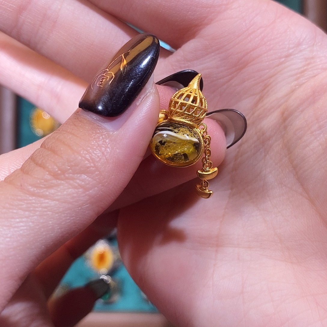 琥珀颈饰银S925镀金镶嵌吊坠