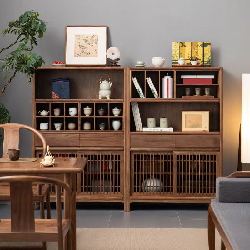 新中式储物置物柜博古架禅意收纳玄关书柜茶室书柜榆木实木家具