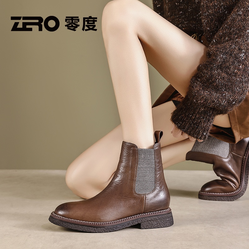 ZRO/零度女鞋秋冬季短靴时尚及踝靴英伦风切尔西烟筒真皮瘦瘦靴