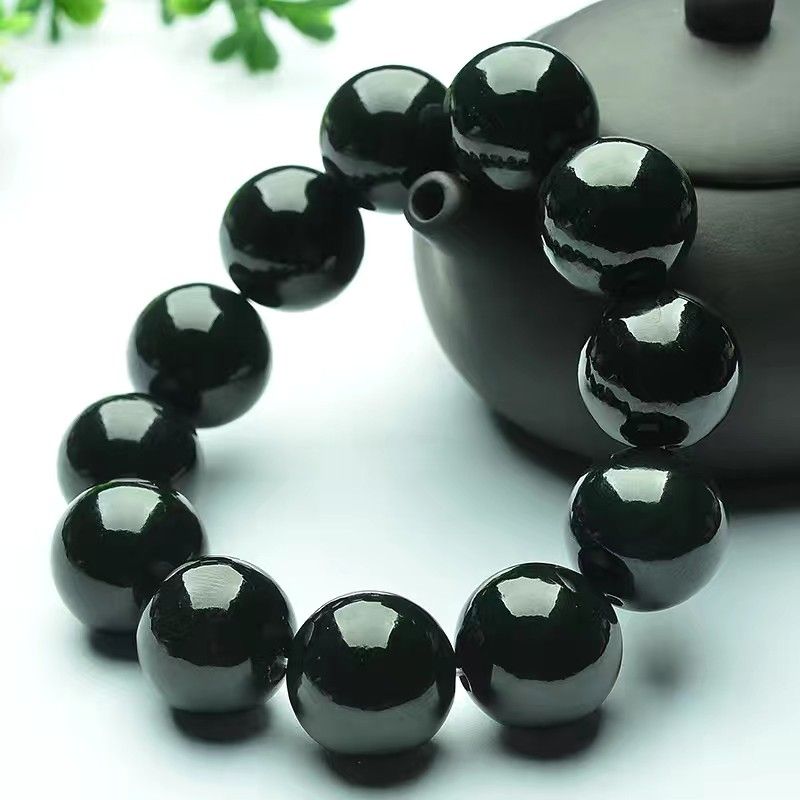 和田玉青玉卡十六男士手链简约圆珠