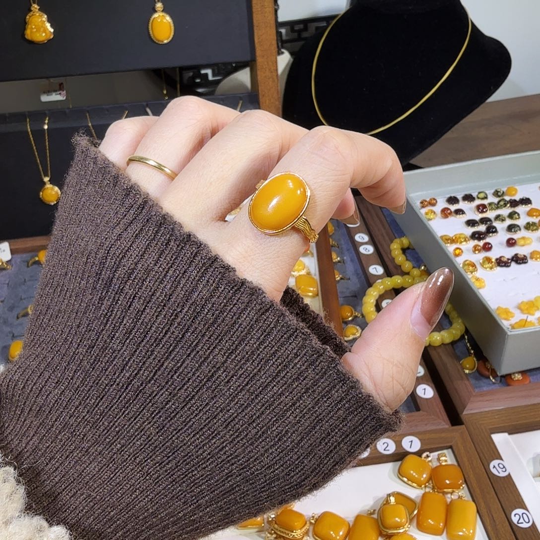 蜜蜡银S925镀金镶嵌戒指