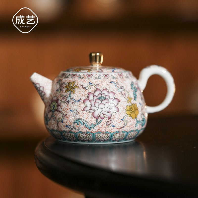 珐琅莲韵拓香壶（粉）精美珐琅彩莲花牡丹茶壶中式描金高档陶瓷茶具