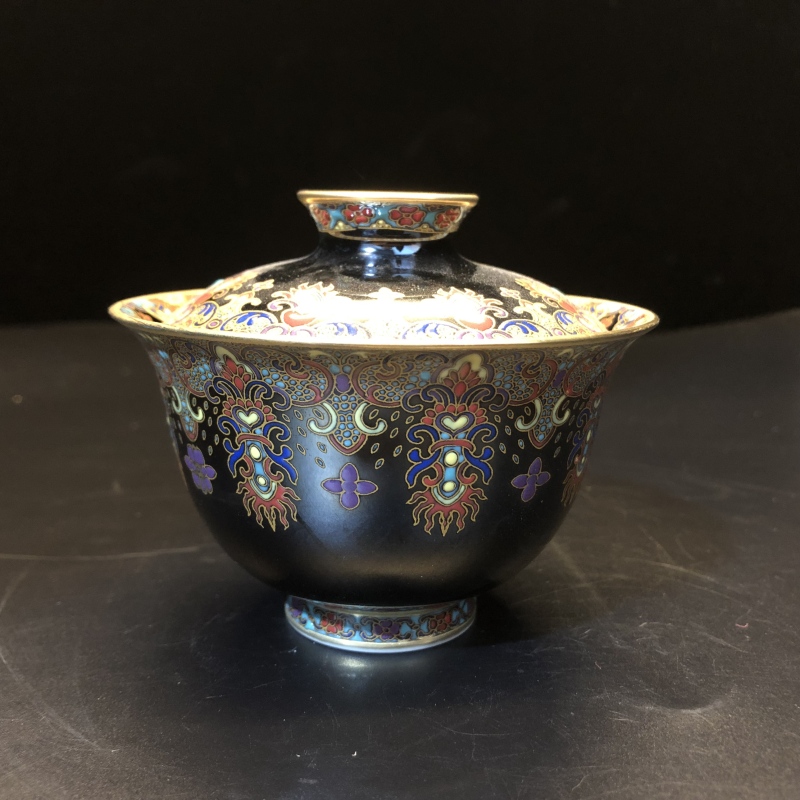 1.1a/N200560/01122//黑地描金二才盖碗/口径10/高8.2/150cc