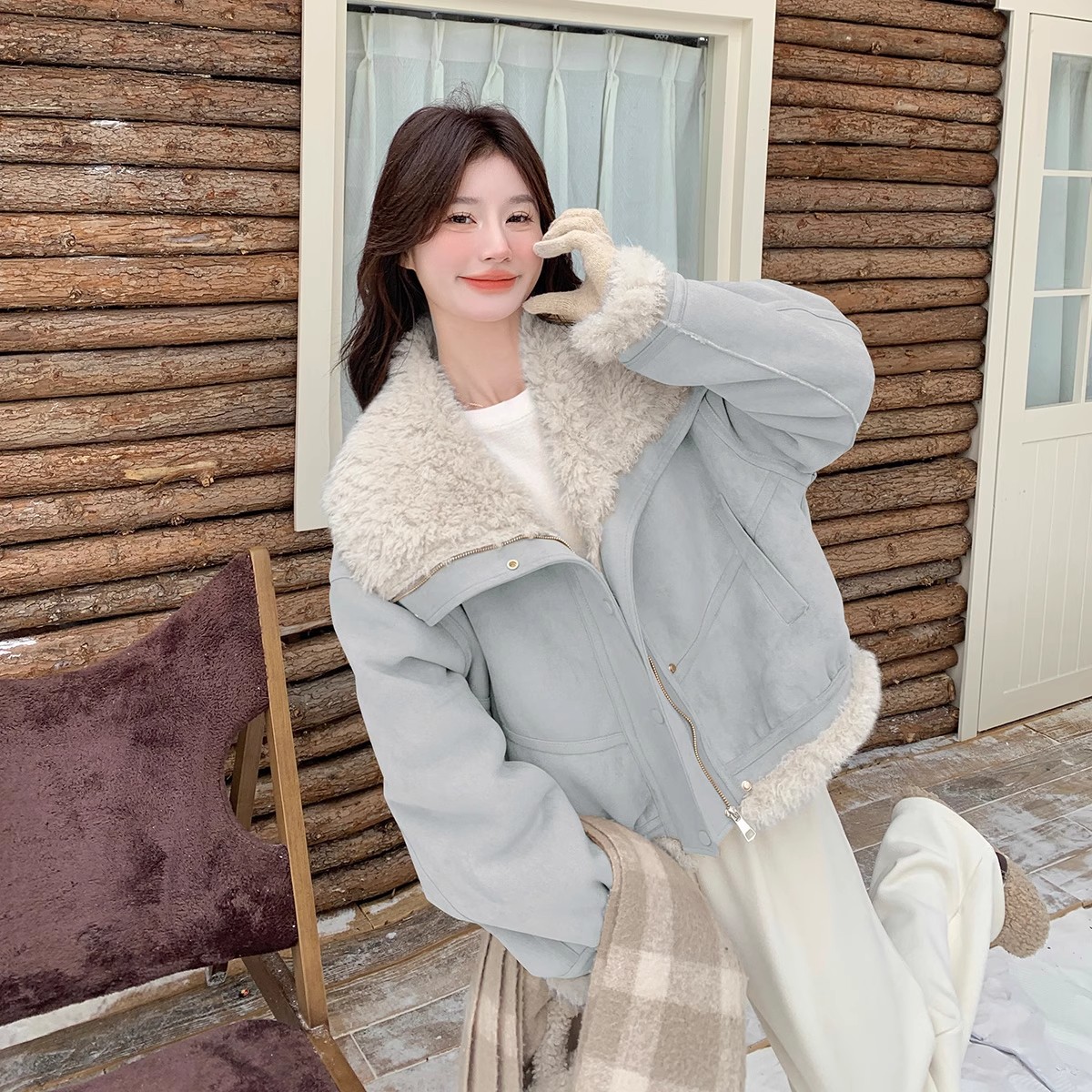 韩系小个子超好看皮毛一体仿羊羔毛外套女2025冬新款短款加厚棉衣