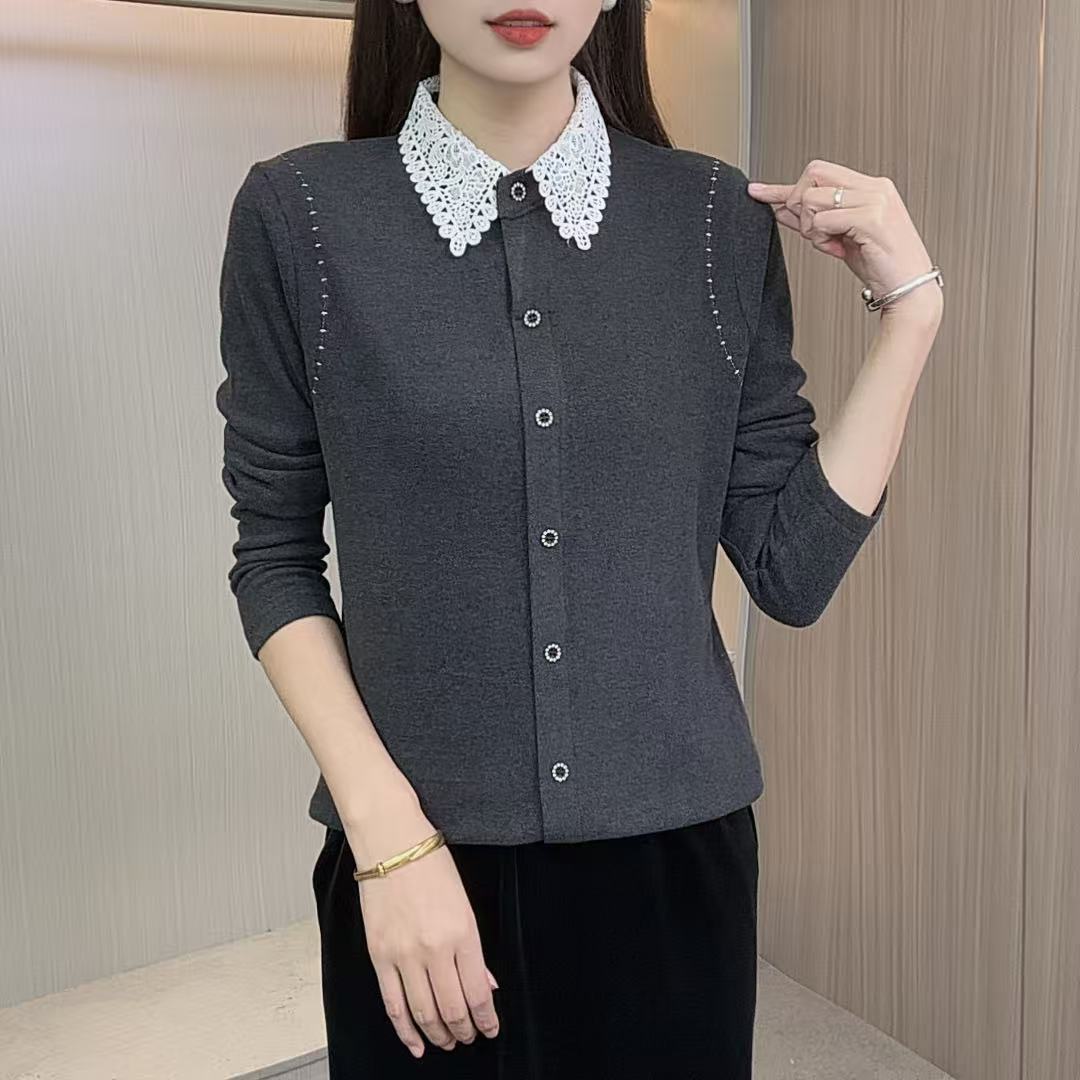 2025秋冬新款翻领蕾丝拼接时尚洋气气质双面绒保暖休闲百搭小衫M1
