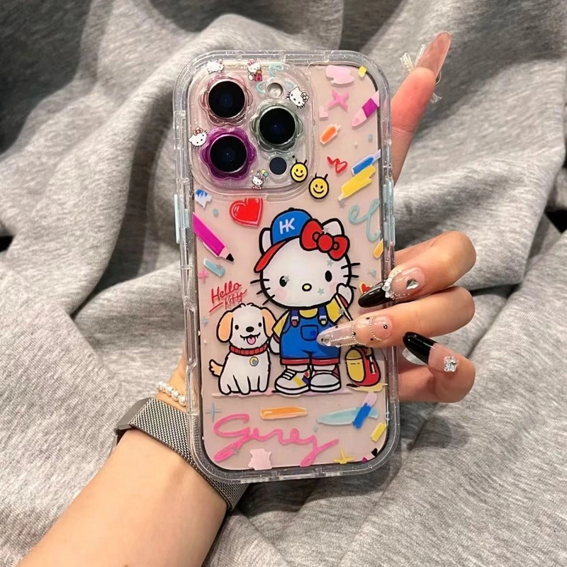 花朵镜头涂鸦背带裤kt猫小狗iPhone16/15手机壳适用苹果14/16pro