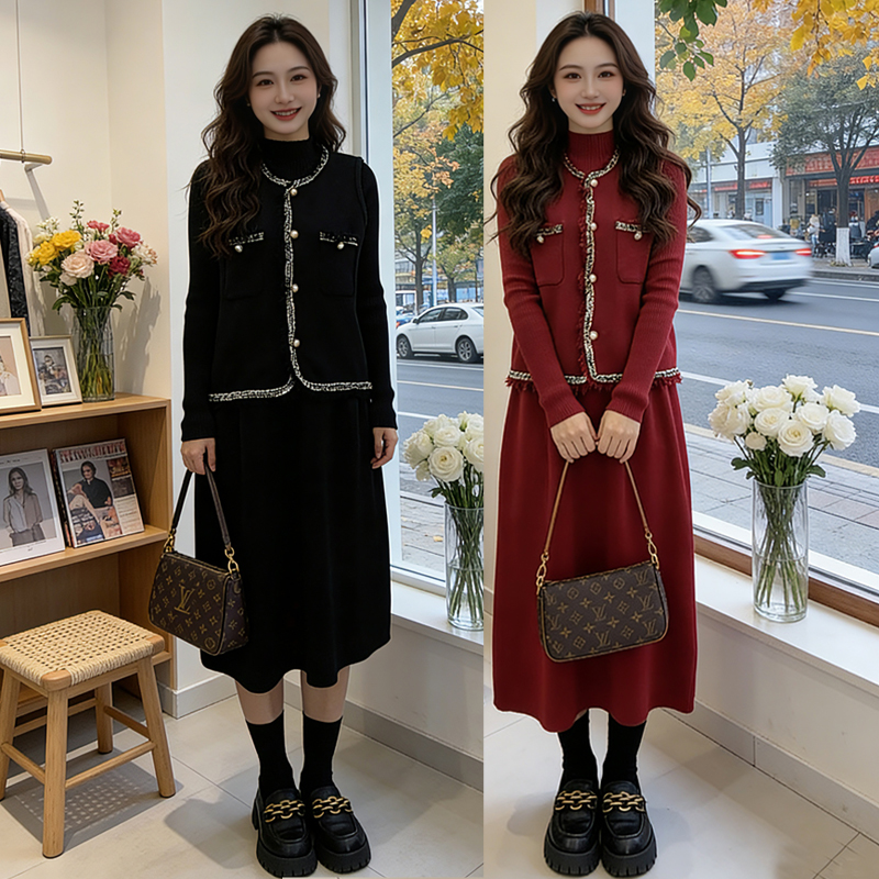 2025冬款韩系气质针织织带马甲搭配显瘦长裙套装女339