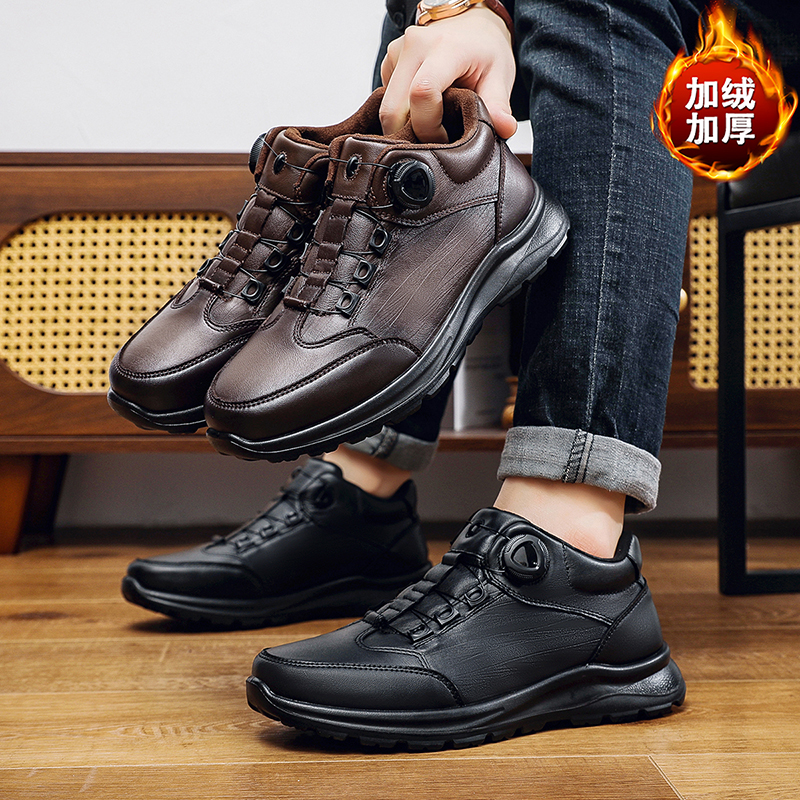 【直播专享】休闲皮鞋薄绒新款男士百搭头层牛皮舒适时尚透气旋转扣