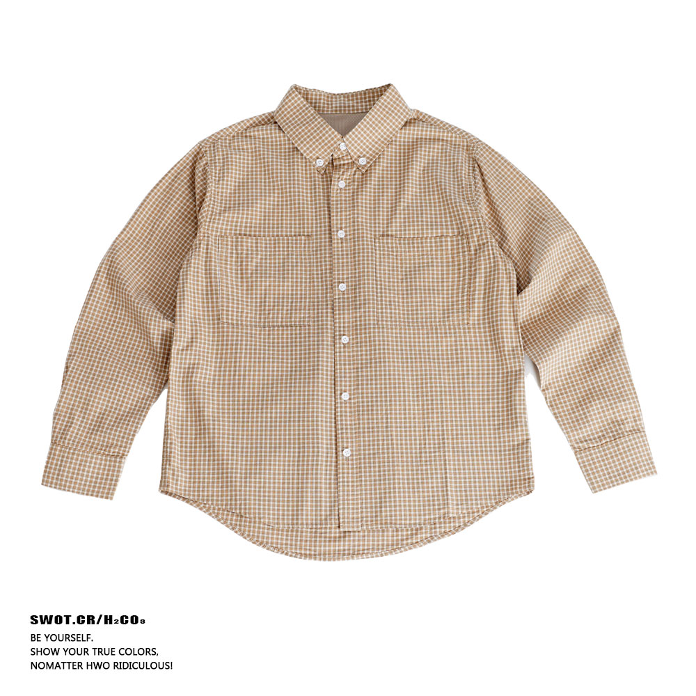 25AW 日系复古百搭通勤定织定染小格子纯棉宽松长袖衬衫男衬衣
