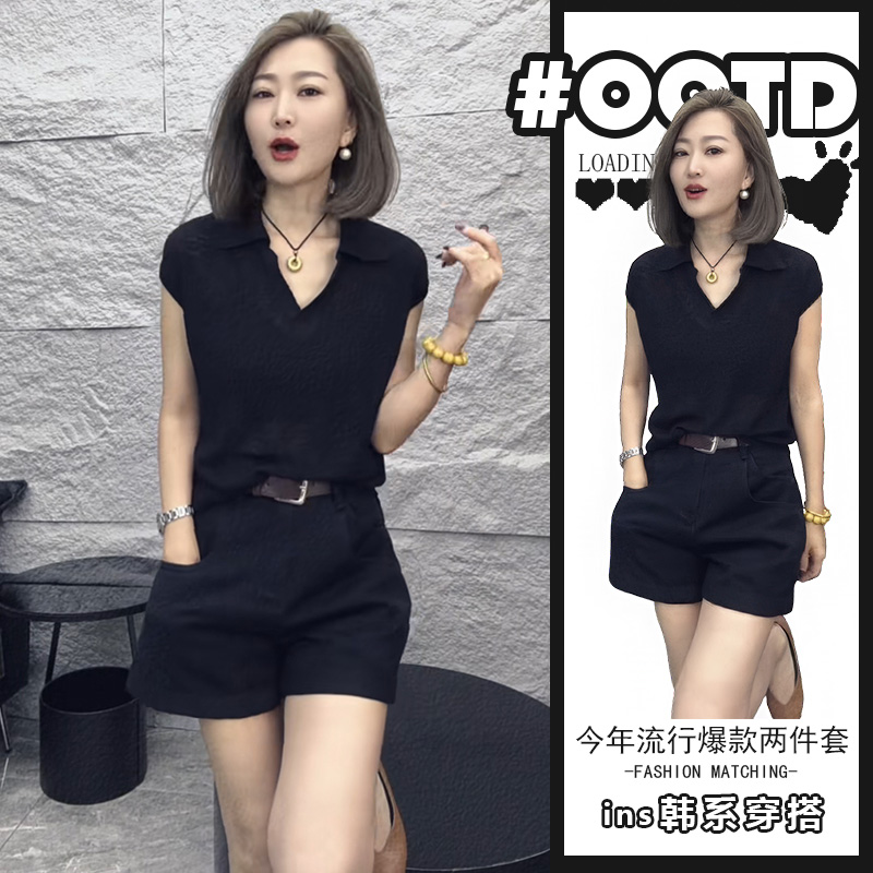 俏皮简约两件套女2025夏季时尚气质黑色短袖上衣高腰遮胯阔腿短裤