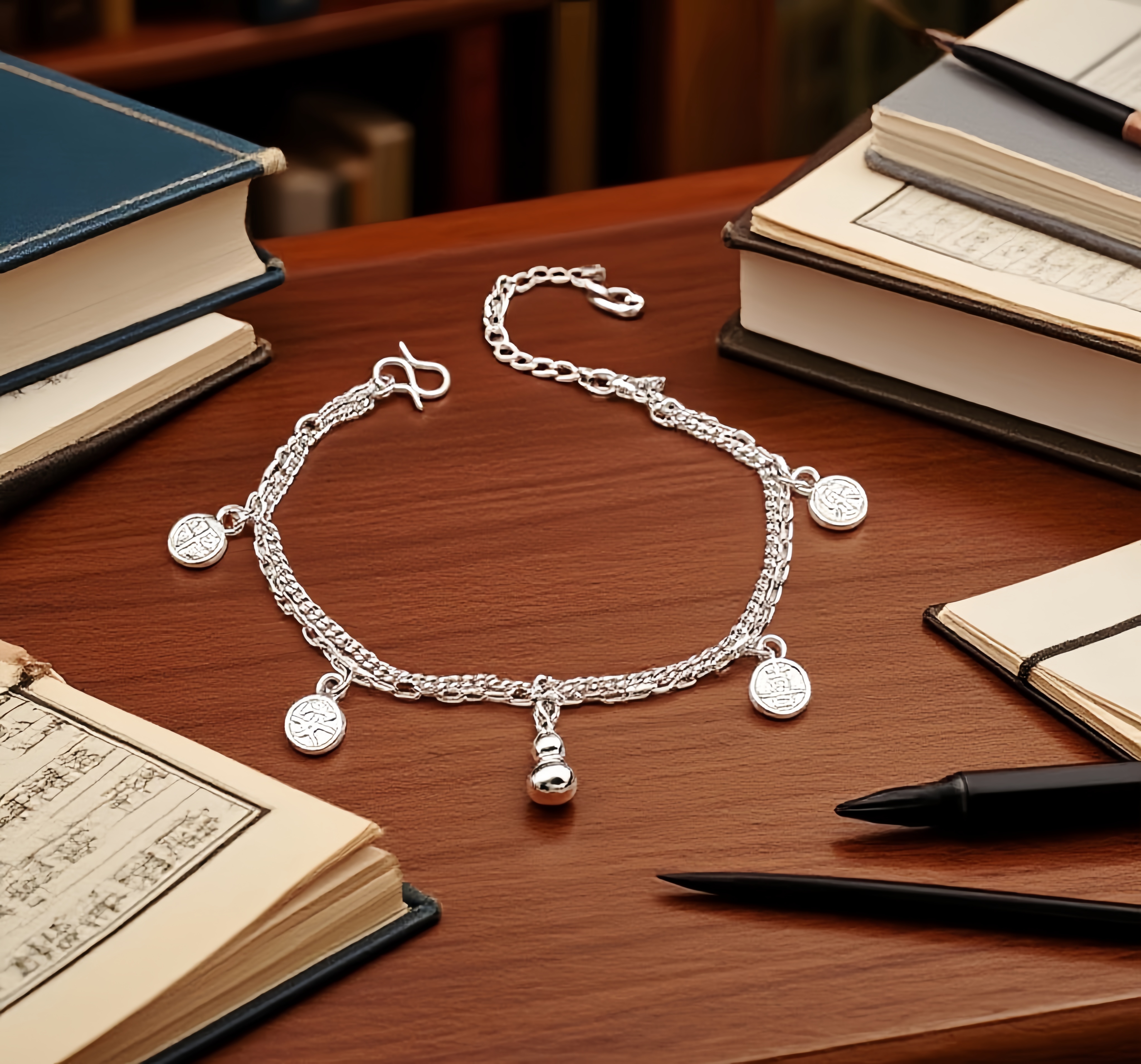 足银手链 足银新中式平安喜乐双层叠戴手链实心葫芦挂件手链