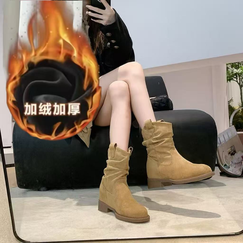 【加绒 平底增高8cm】美拉德V口堆堆靴女中筒显瘦褶皱复古女靴Ｅ5789