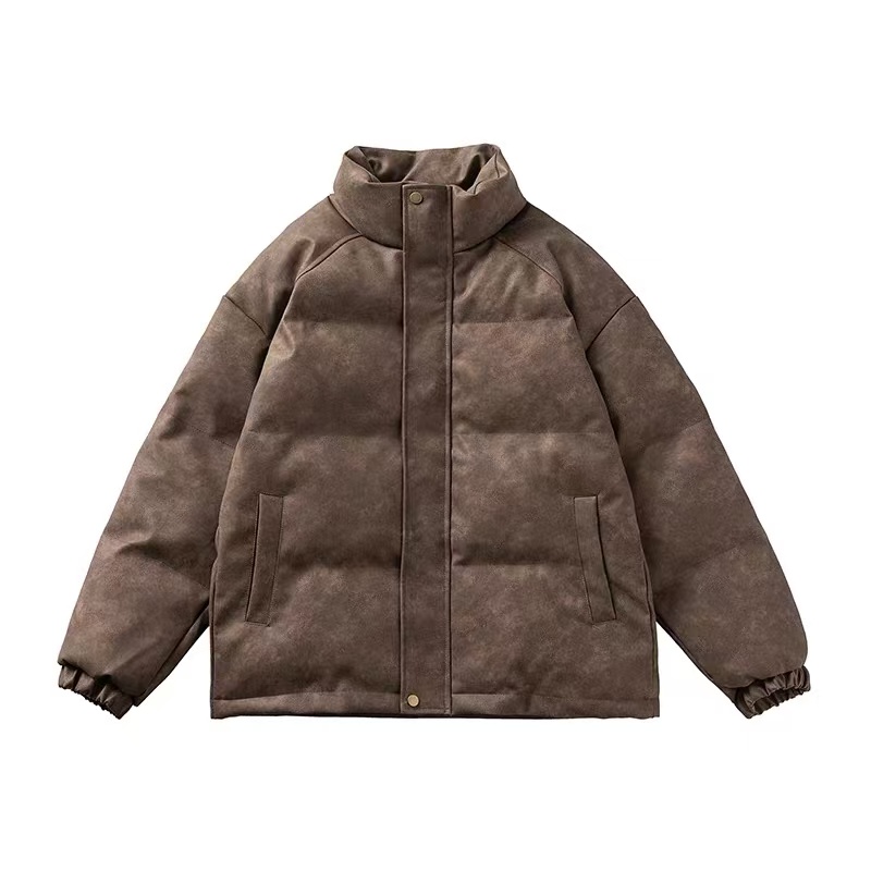 咖色pu皮棉服男冬季新款日系复古加厚棉衣外套大码宽松面包服棉袄