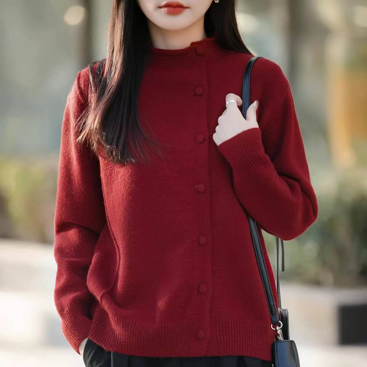 【鱼骨测排扣-红】简约风灰色立领单排扣针织衫开衫