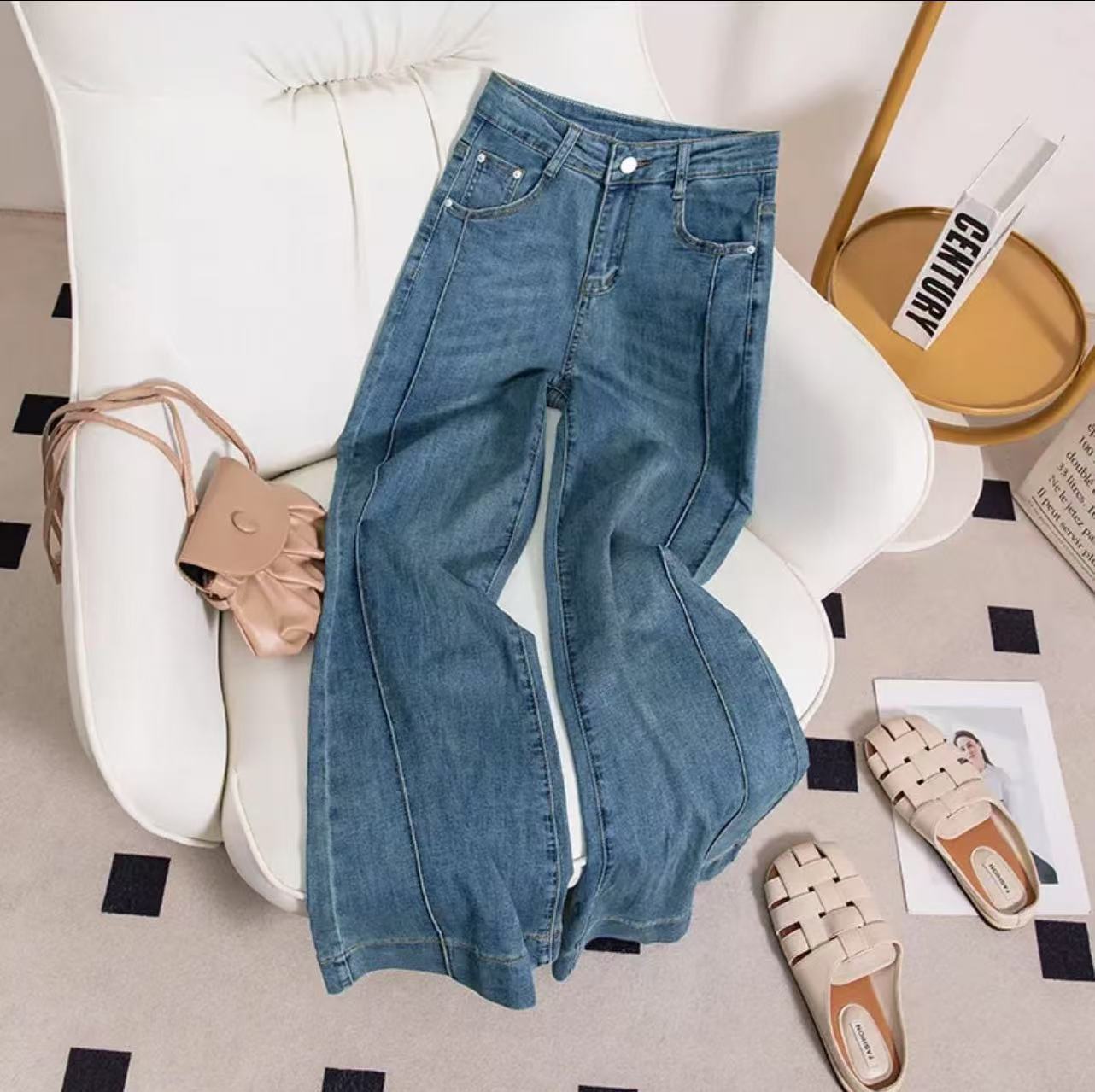 2025春夏新款阔腿A字版型牛仔裤女高腰显瘦宽松阔腿浅蓝小个子