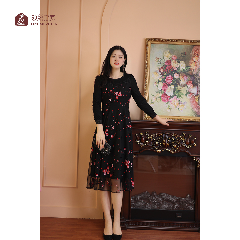 蕾丝刺绣长袖连衣裙妈妈装#L800721H时尚修身超显瘦气质