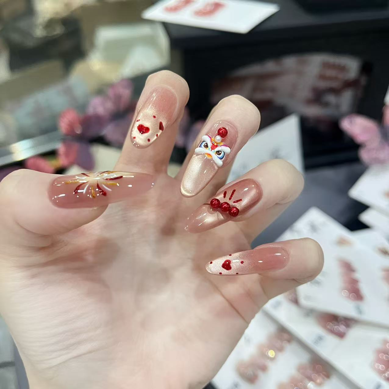 【旺运醒狮】纯手工美甲喜庆穿戴甲可拆卸氛围显白甜美美甲