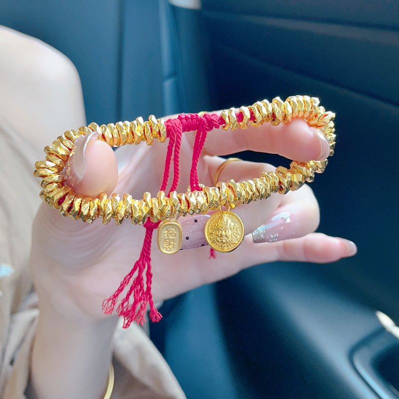 瑞诺黄财神黄金盘缠手链女999足金招财纳福红绳生日礼物送女友