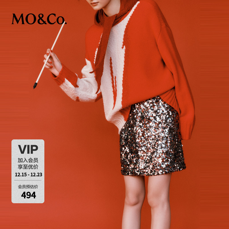 MOCO春季重工珠片叠绣高腰短裙半身裙缎感内衬MBD1SKTK01