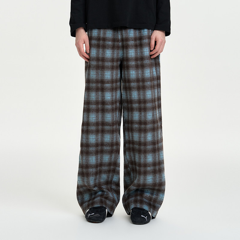NICEBAD(原WORKSOUT)毛呢格子拼接撞色长裤/星星牛仔裤