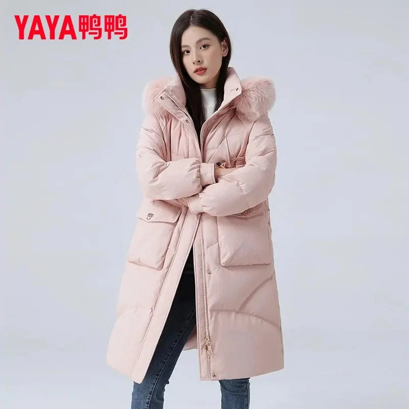 YAYA/鸭鸭羽绒服女中长款连帽冬季简约时尚休闲大毛领保暖外套