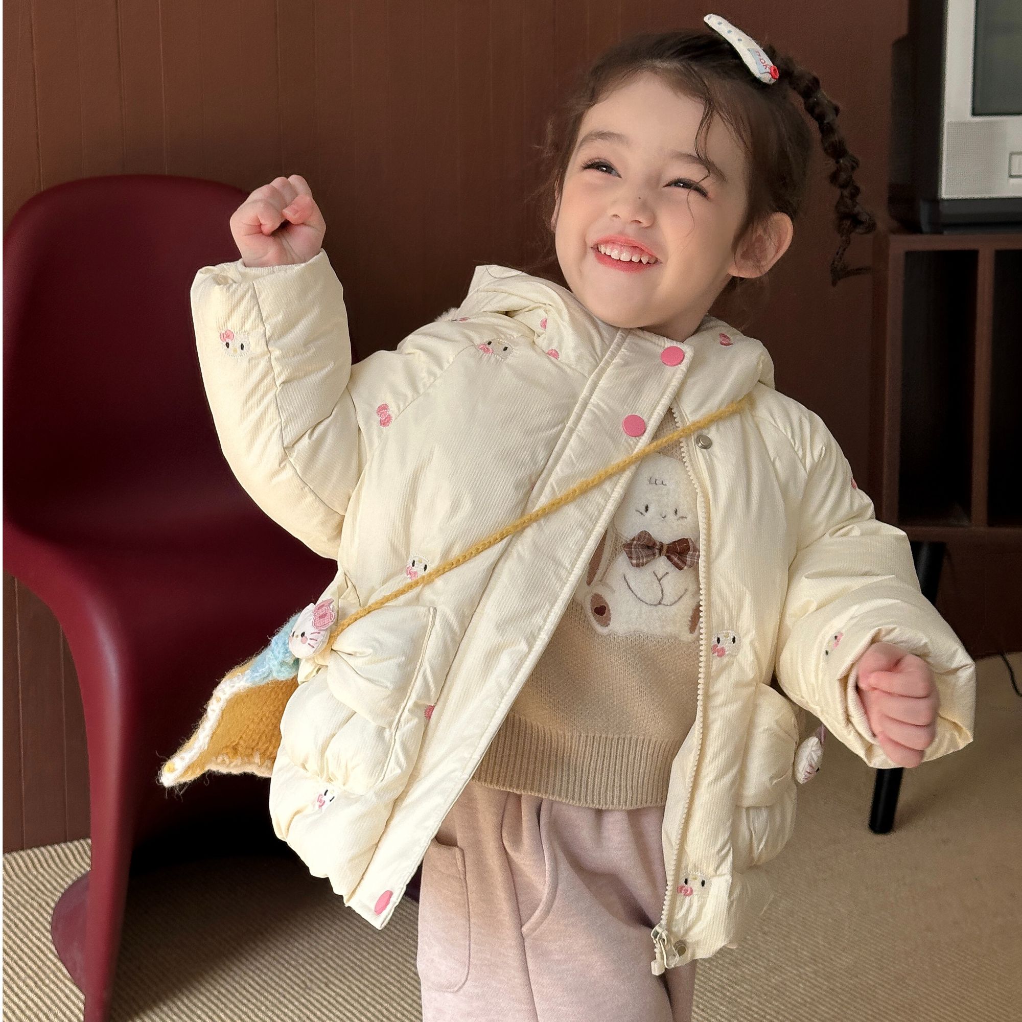 【哈基米】2025冬季新款儿童90白鸭绒羽绒服女童冬季连帽中长款