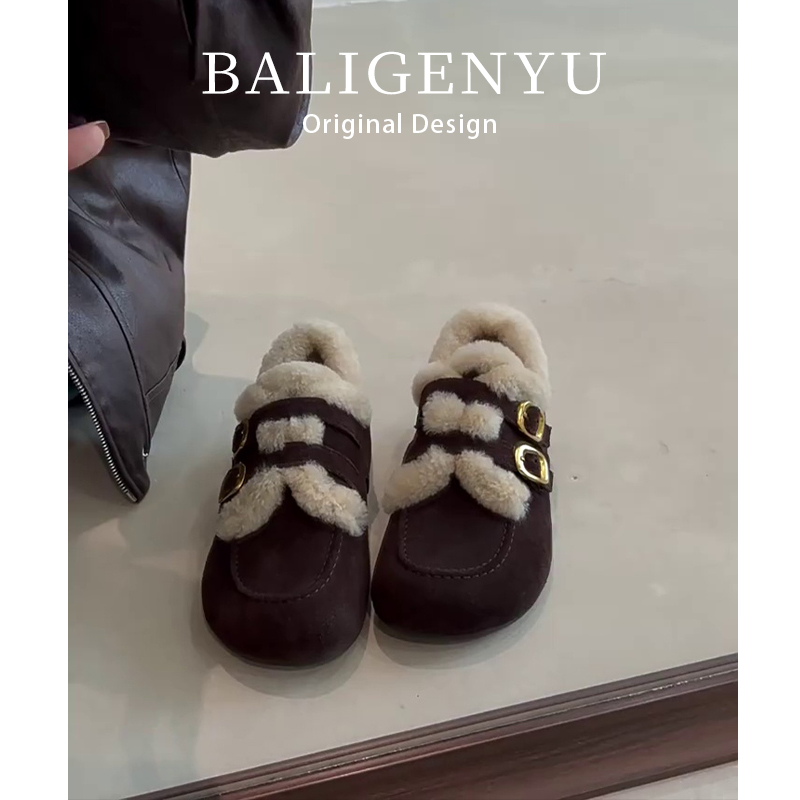 小个子内增高2025秋冬复古圆头时尚双排扣带加绒毛毛深口勃肯鞋女