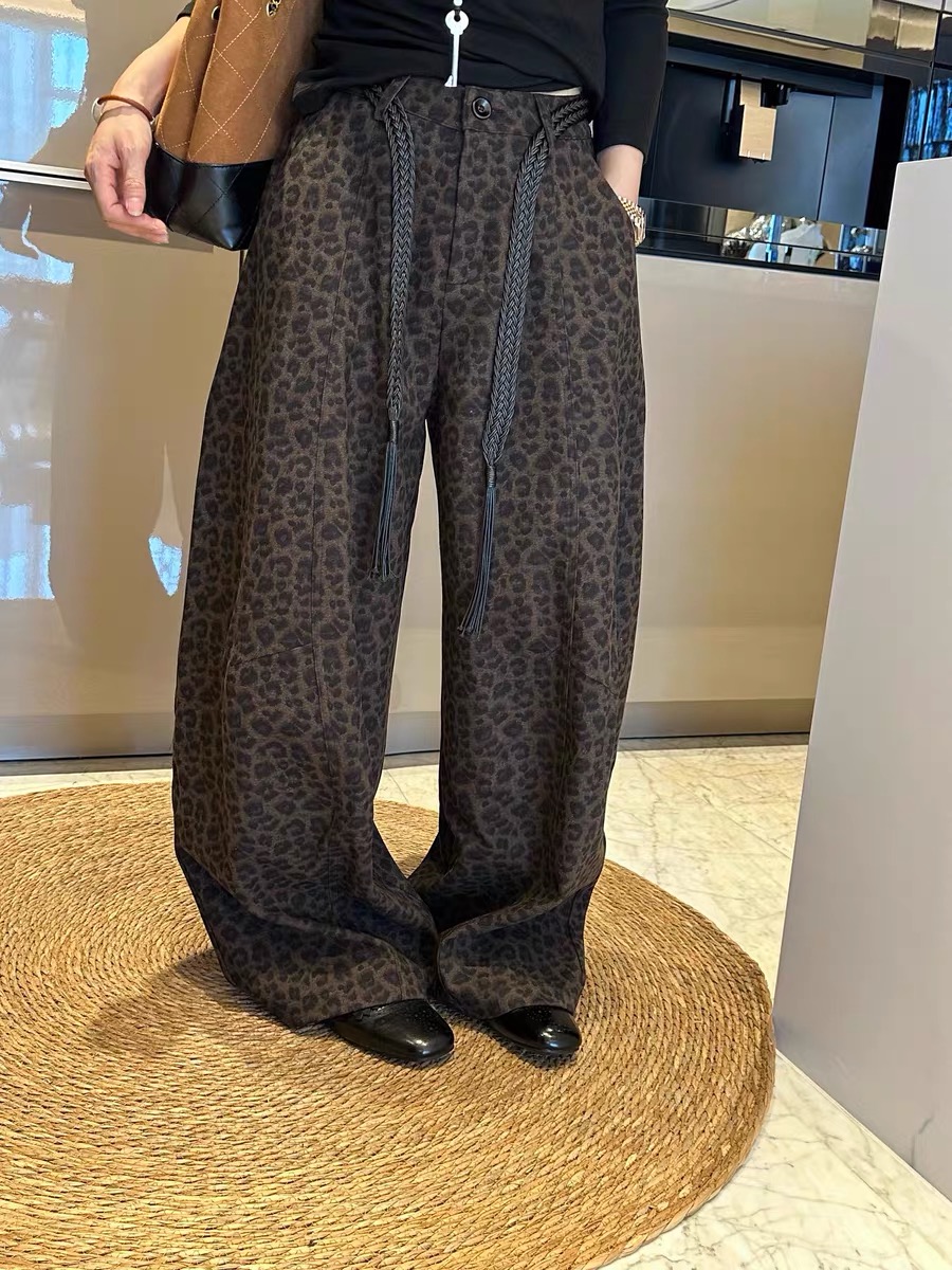 豹纹厚款磨毛高腰秋冬休闲裤长裤宽松韩版加绒百搭阔腿裤