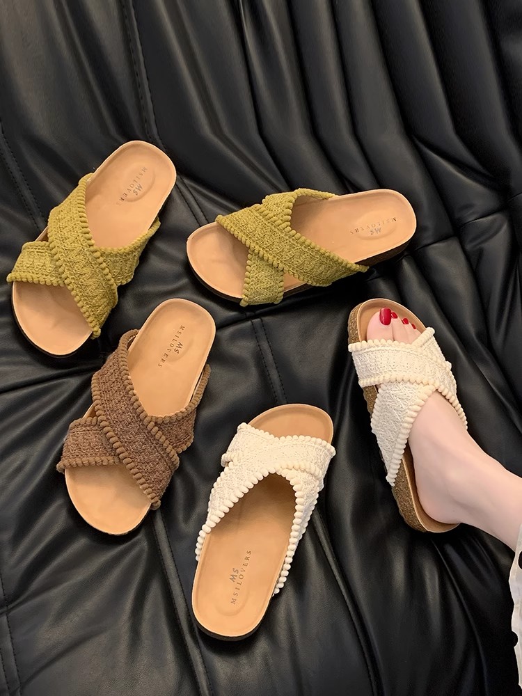 交叉带针织拖鞋女2025夏季新款外穿复古勃肯鞋露趾沙滩一字凉拖鞋