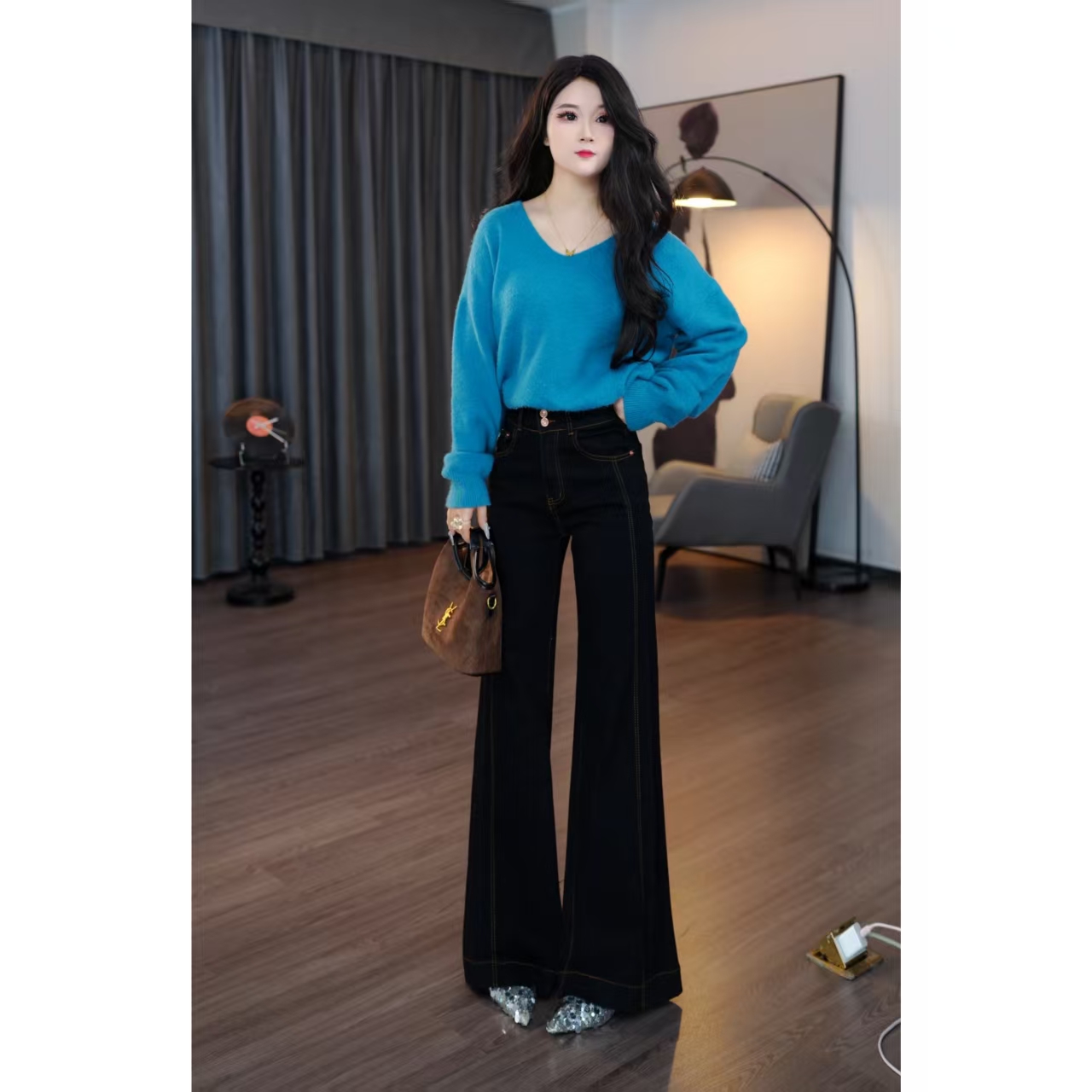 2025秋冬厚款阔腿裤常规高腰小个子牛仔裤弹力显瘦宽松微喇裤