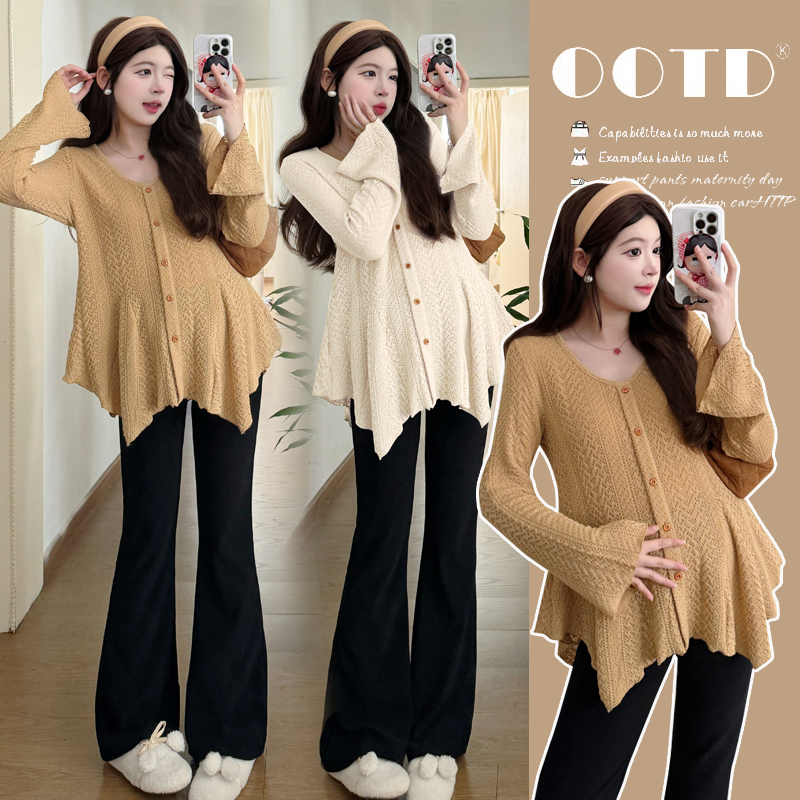 孕妇装V领长袖针织衫时尚穿搭不规则喇叭袖收腰显瘦孕妇上衣