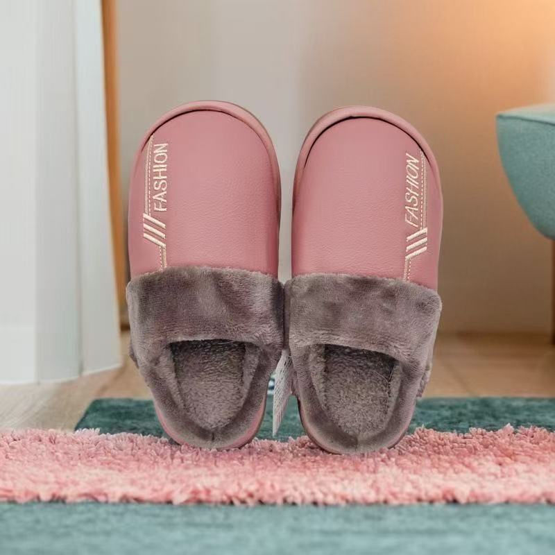 【英子（没有运费险）防水防滑耐磨加绒加厚皮面情侣棉拖鞋冬季居家】