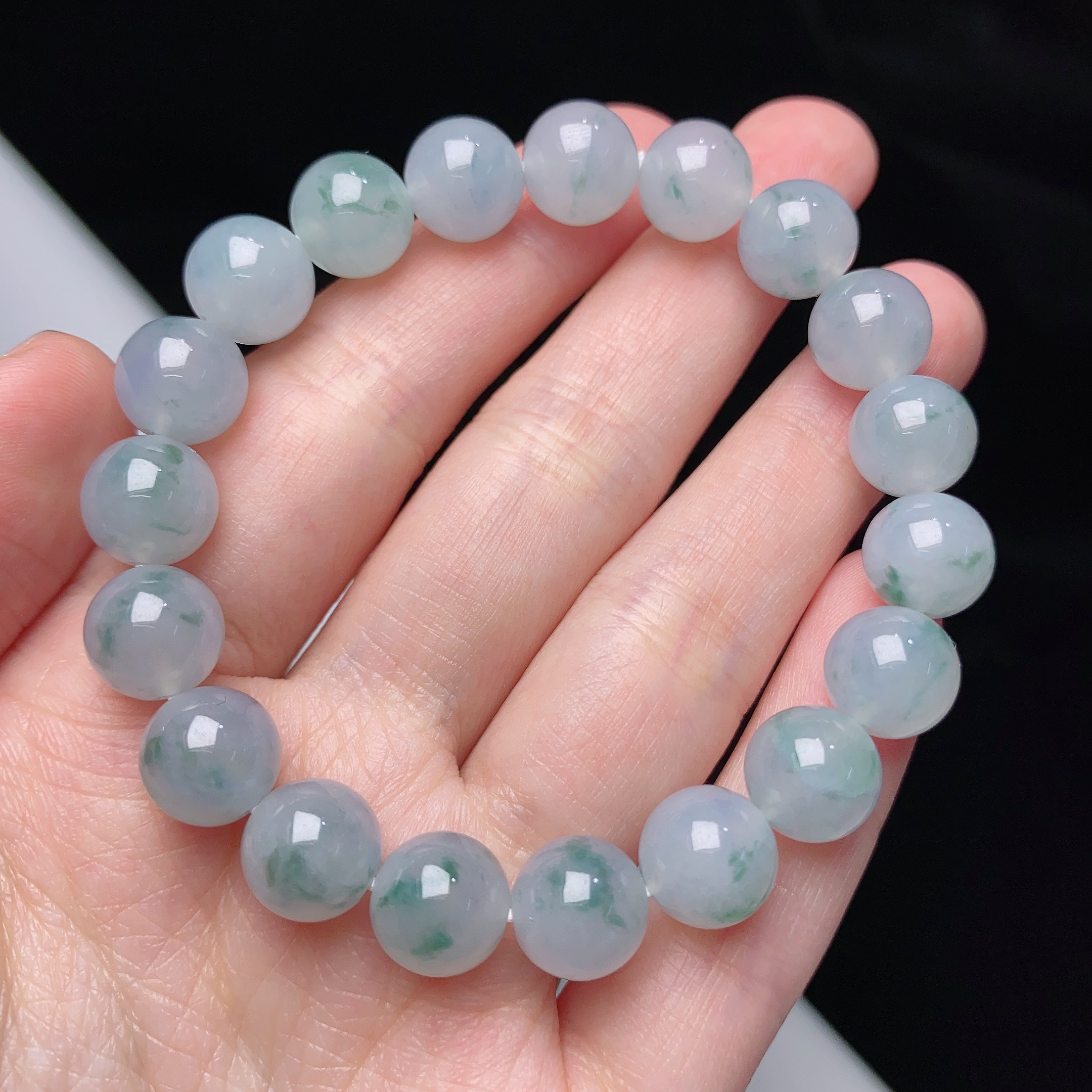 缅甸天然翡翠A货冰种飘花圆珠手链卡10mm女款冰透单圈