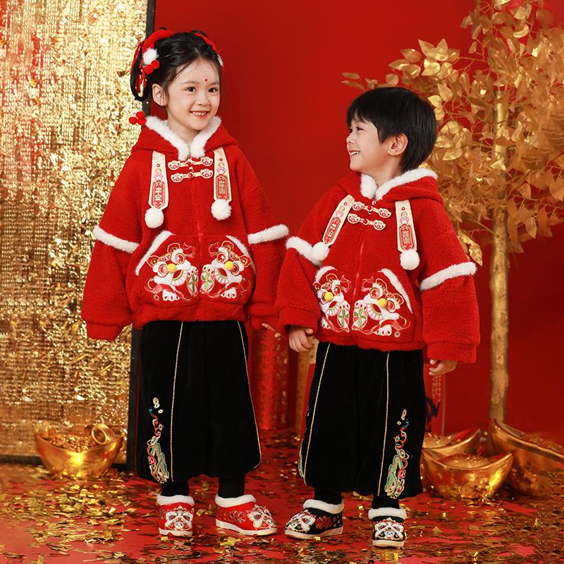 【醒狮】男宝刺绣复古国风加厚冬新中式拜年中国风喜庆儿童女童加绒