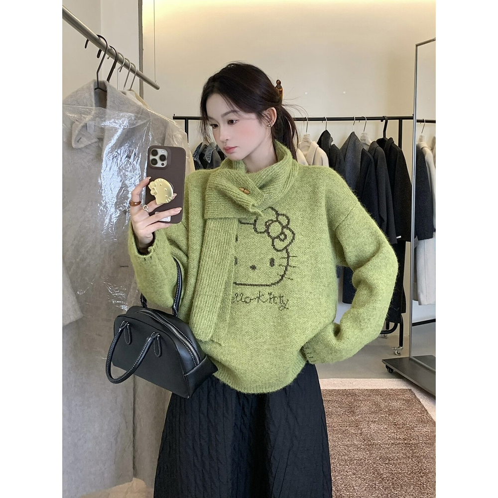冬季韩系卡通毛衣女套头高级感慵懒针织衫配围脖潮23155#
