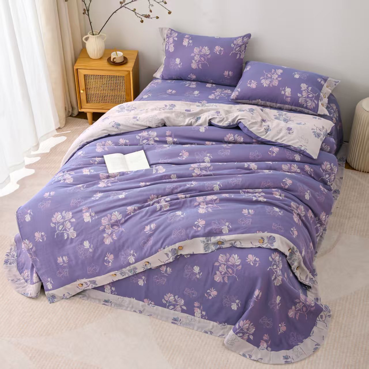 四件套 紫色玉兰花开 纯棉双层纱 四件套