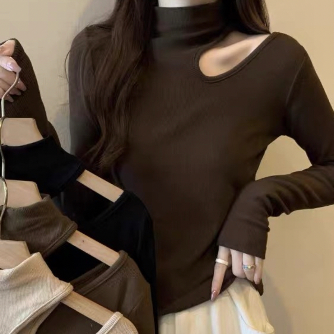 越野兔 半高领磨毛打底长袖漏锁骨T恤