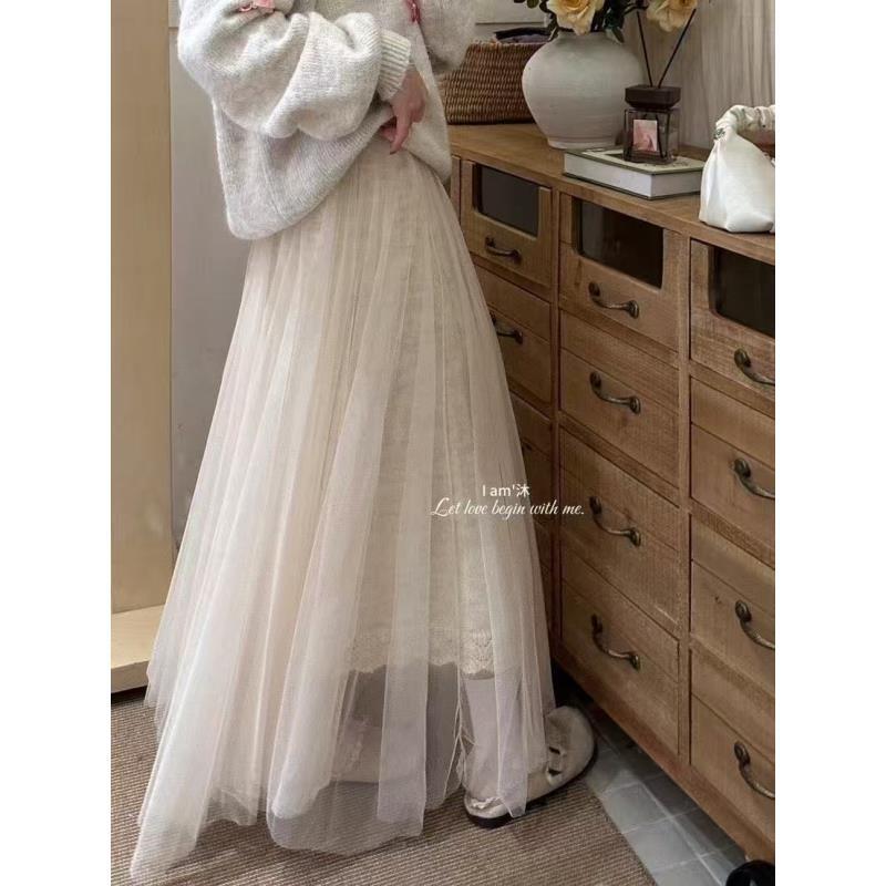 【石潇潇STUDIO】超保暖冬季打底仙气满溢淡色系网纱加厚针织半裙女