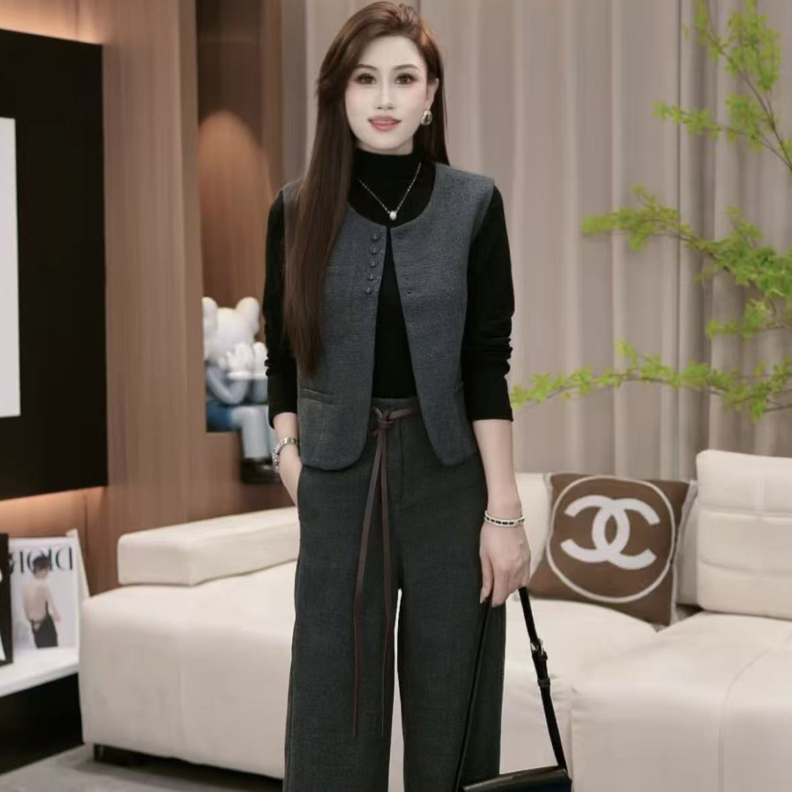 梨子  四件套秋冬新款时尚女半高领打底衫+马甲+阔腿裤+皮带套装