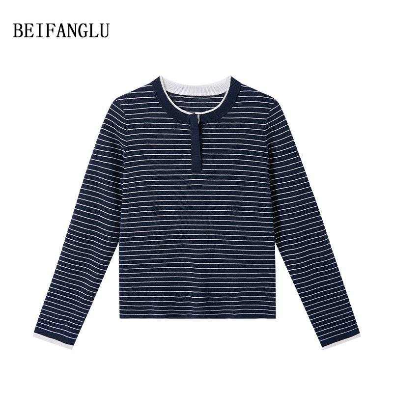 北方鹿【100%精纺羊毛】m*系学院风假两件亨利领条纹针织衫女251437