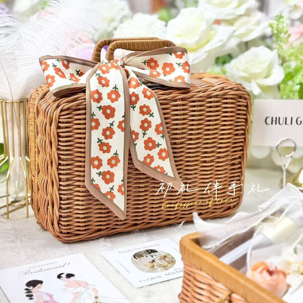 复古藤编手提送伴娘闺蜜朋友高级小众精致礼盒结婚订婚礼物