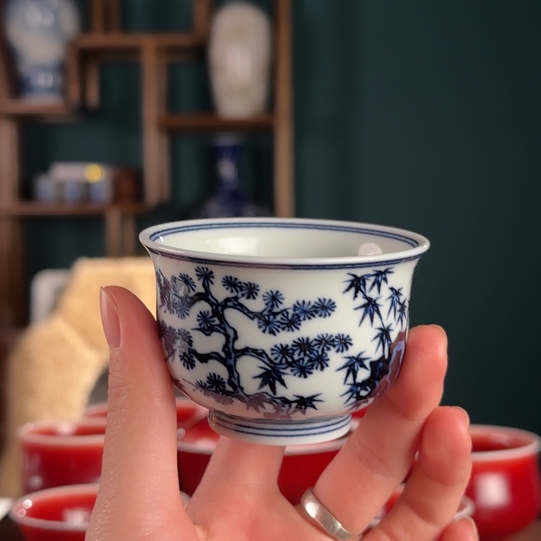 柴窑烧制松竹梅手工手绘