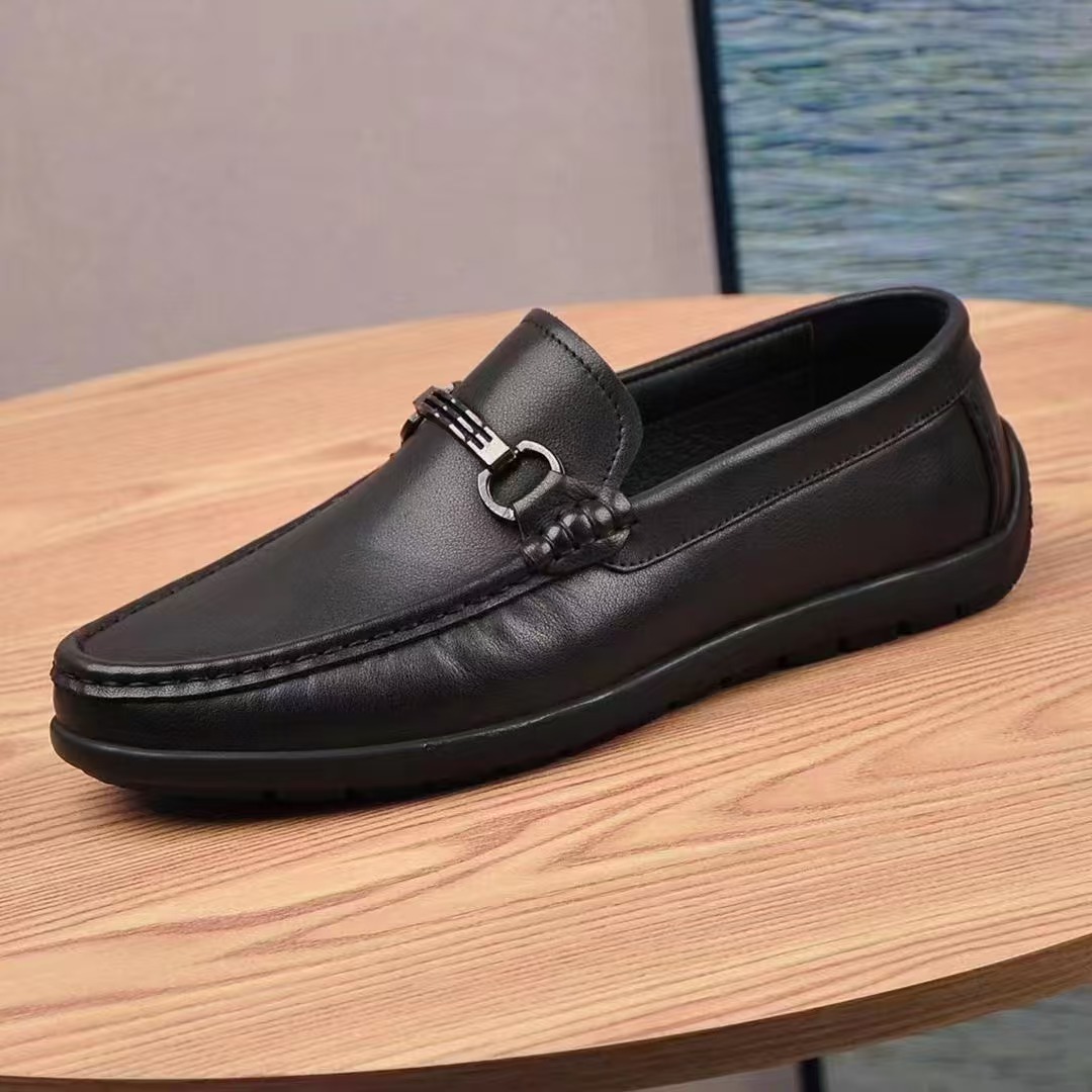 一脚蹬男鞋舒适软底豆豆鞋百搭乐福鞋男款手工皮鞋透气男款黑色
