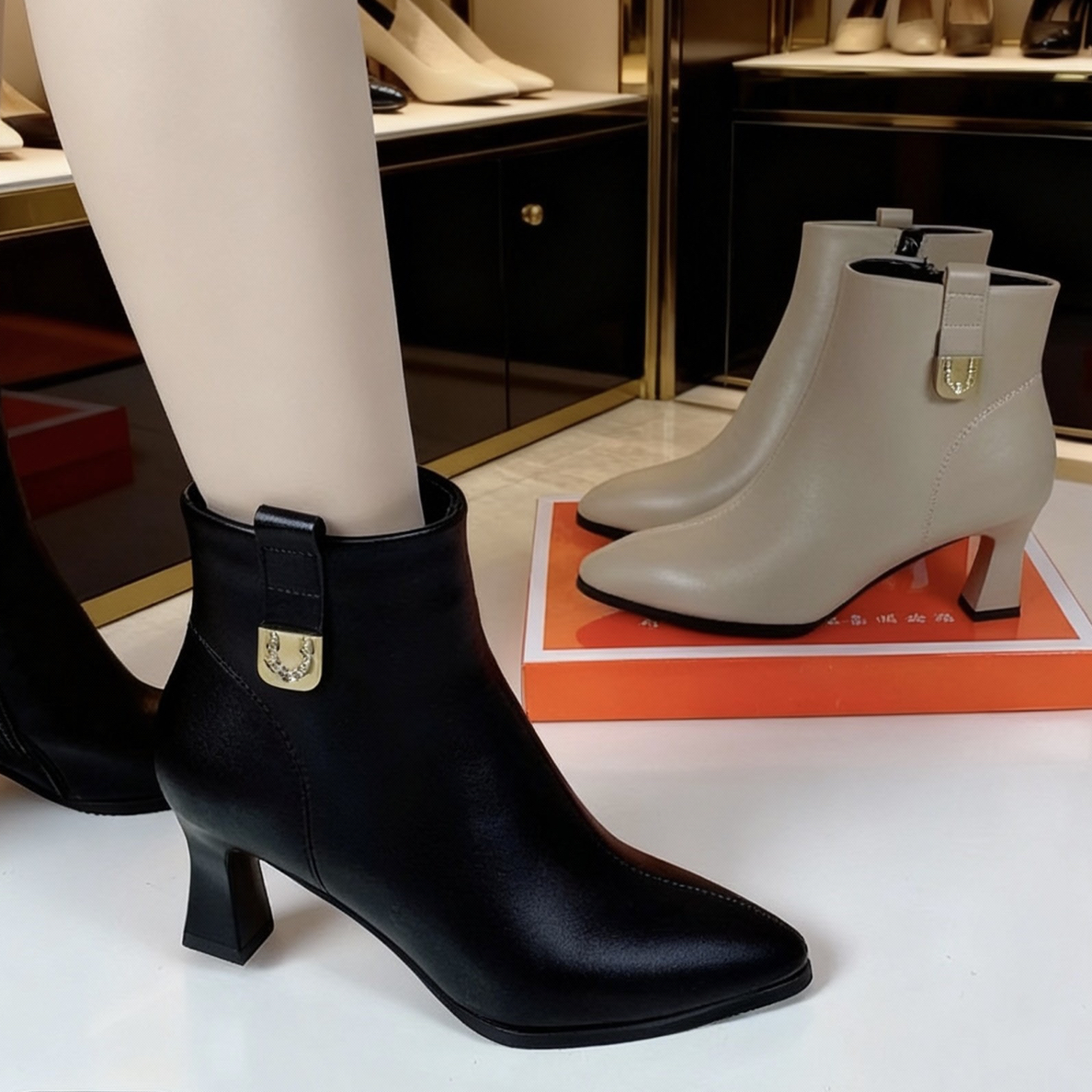 秋冬4公分尖头真皮韩版简约短筒百搭舒适时尚经典短靴