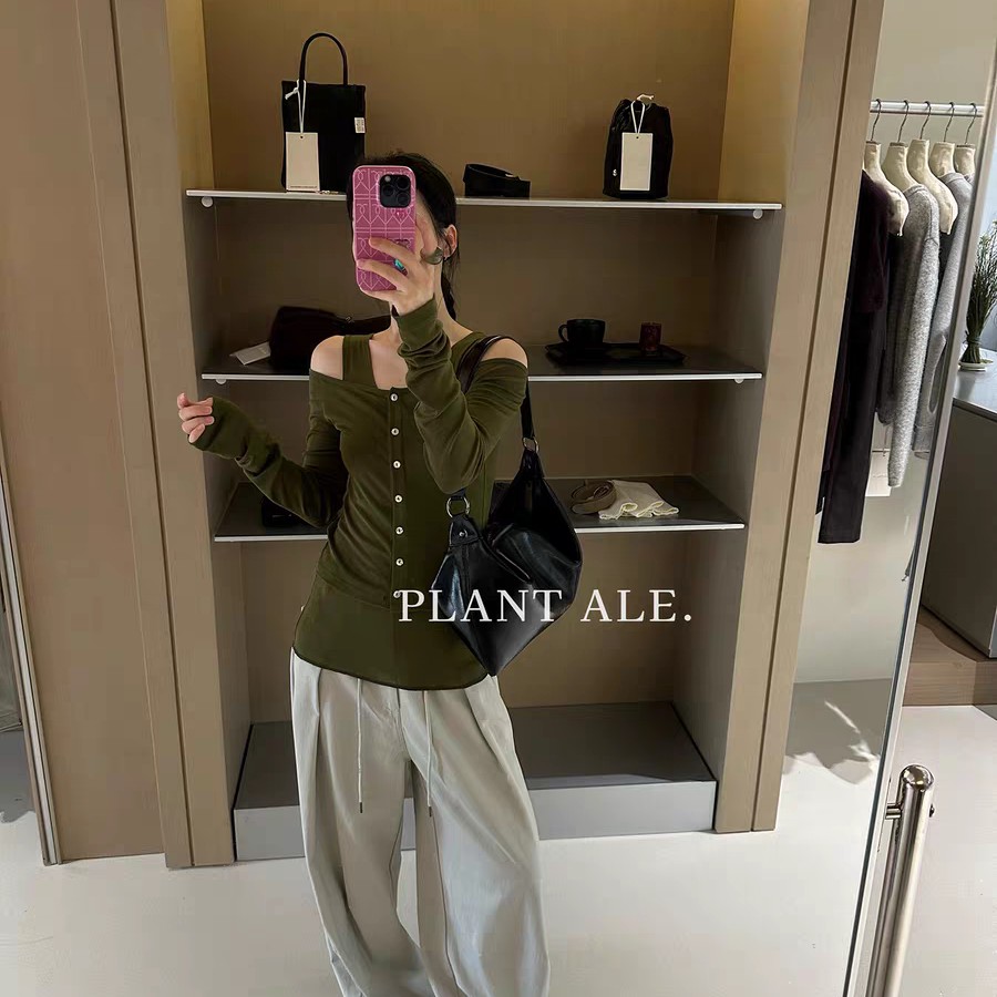 PLANT ALE羊毛假两件长袖T恤女修身显瘦露肩内搭打底上衣2025新款