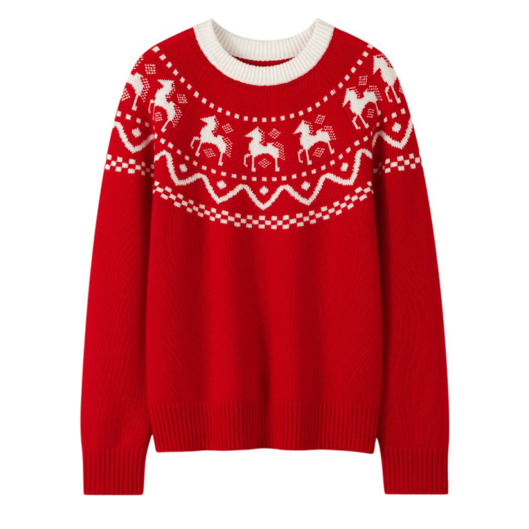 新年红生肖马100纯山羊绒衫康赛妮女圆领加厚宽松毛衣亲子装上衣