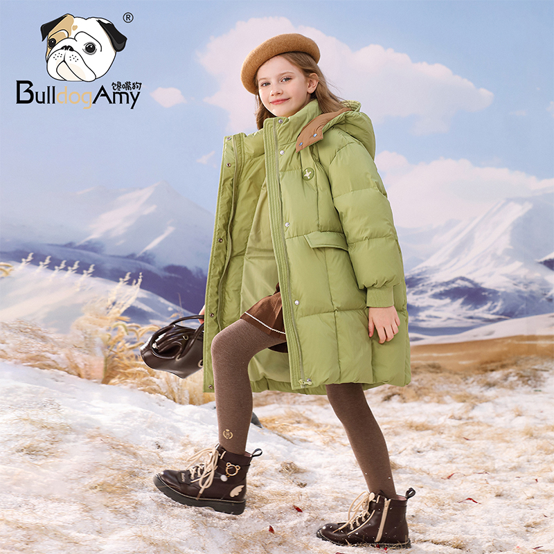 女童中长款绿色羽绒服2025冬季新潮洋气儿童90白鸭绒高端上衣大童