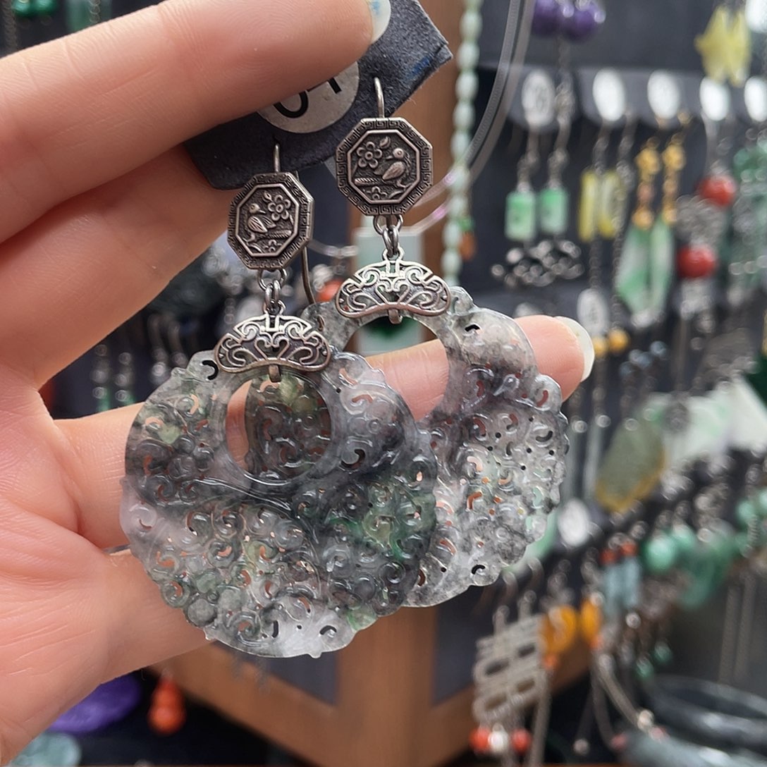 翡翠耳饰银S925镶嵌三**下fjnggg