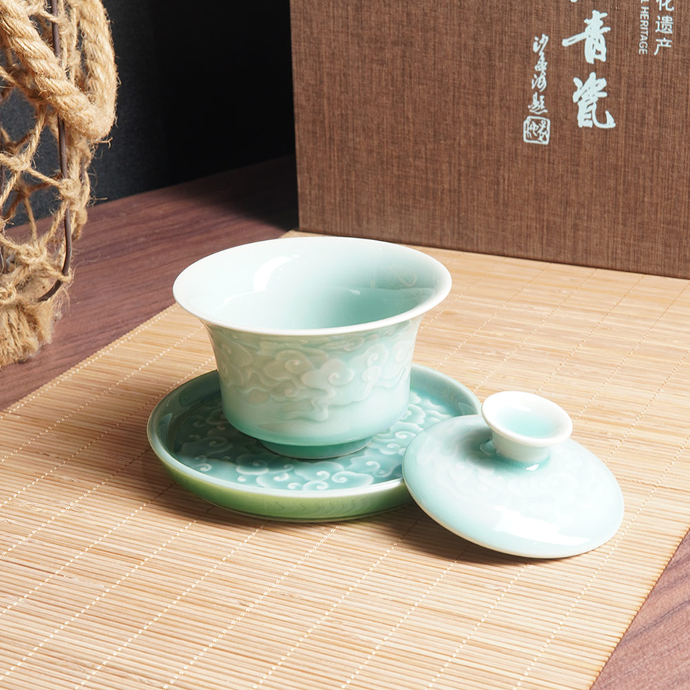 小米茶器 青瓷手工刻花祥云盖碗大号陶瓷祥云三才泡茶碗敬茶杯
